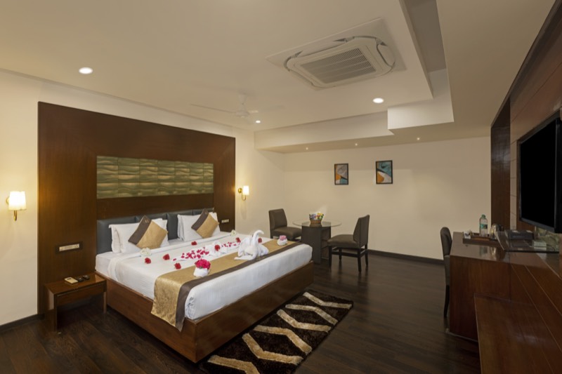 Guest room at Hotel Hemaadri Grand